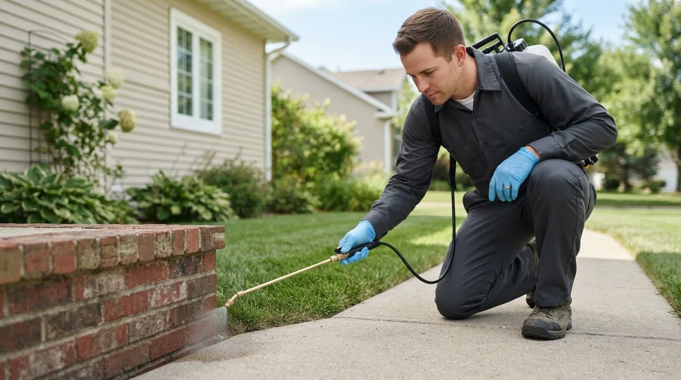 Pest control technician treating a home near Sentinel Butte, ND
